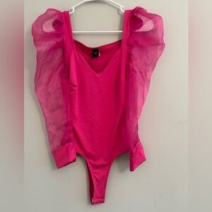 Girls Hot Pink One-Piece Bodysuit with Sheer Puff Sleeves